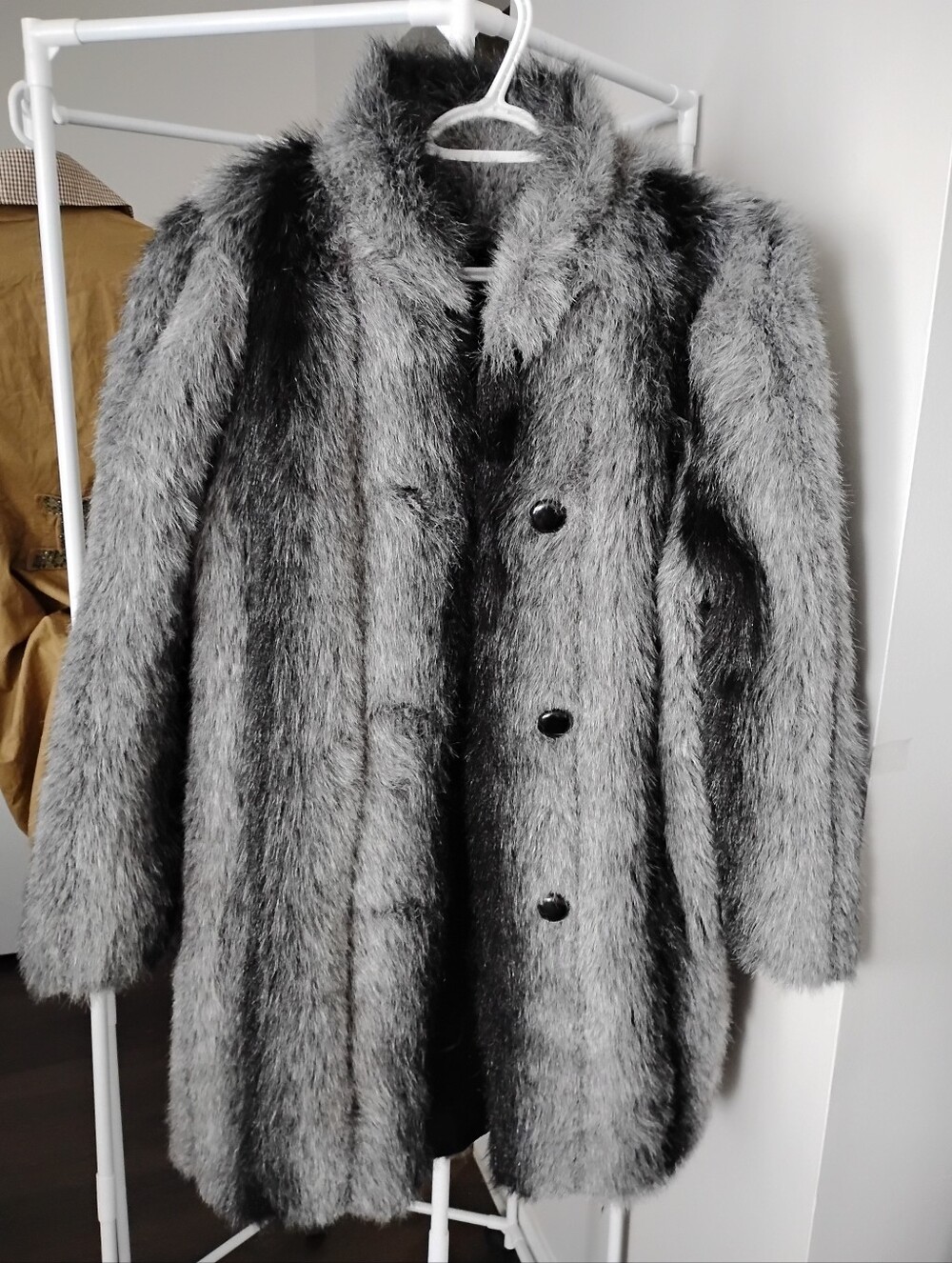 Sears Women's Gray/Black Faux Fur Core Style 3 Button Front Long Sleeve Pea Coat